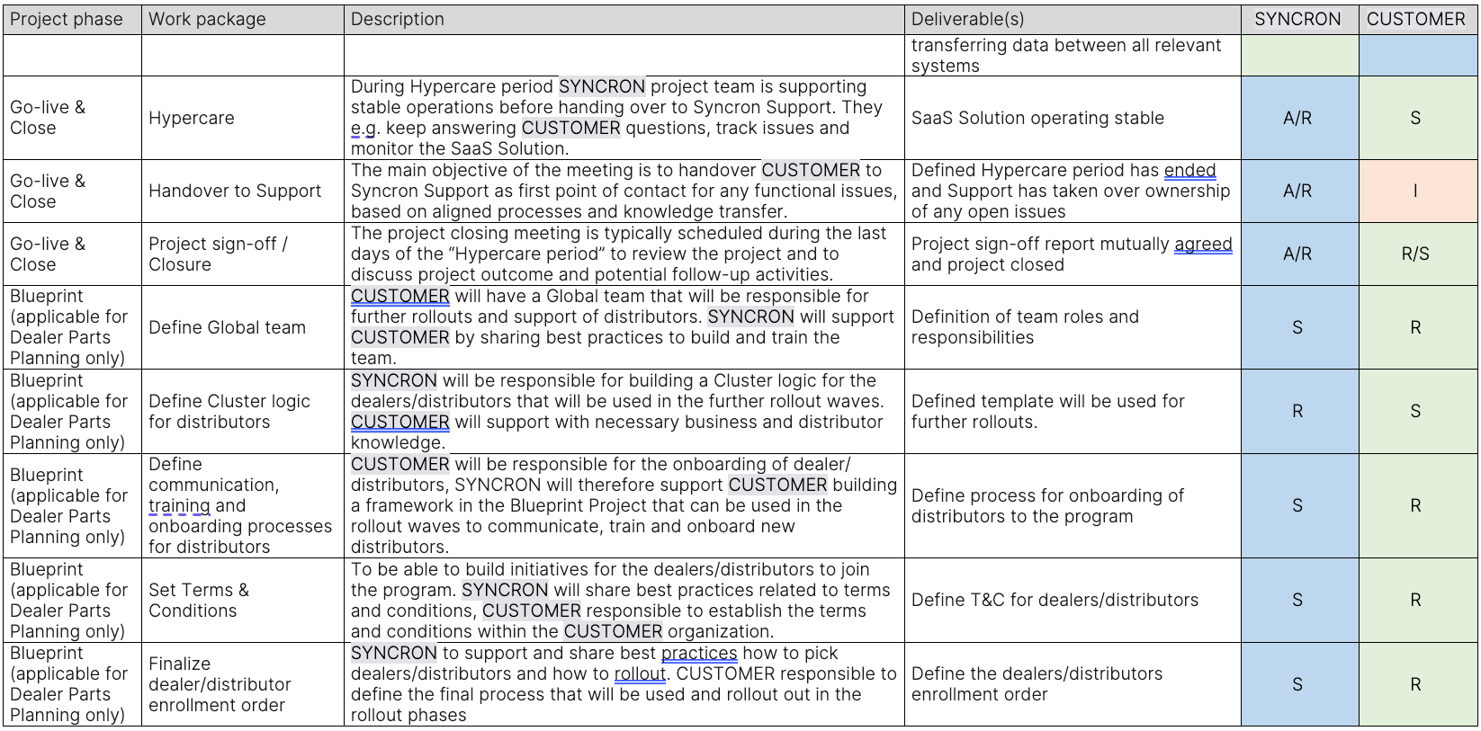 Implementation roles and responsibilities (RASIC) 