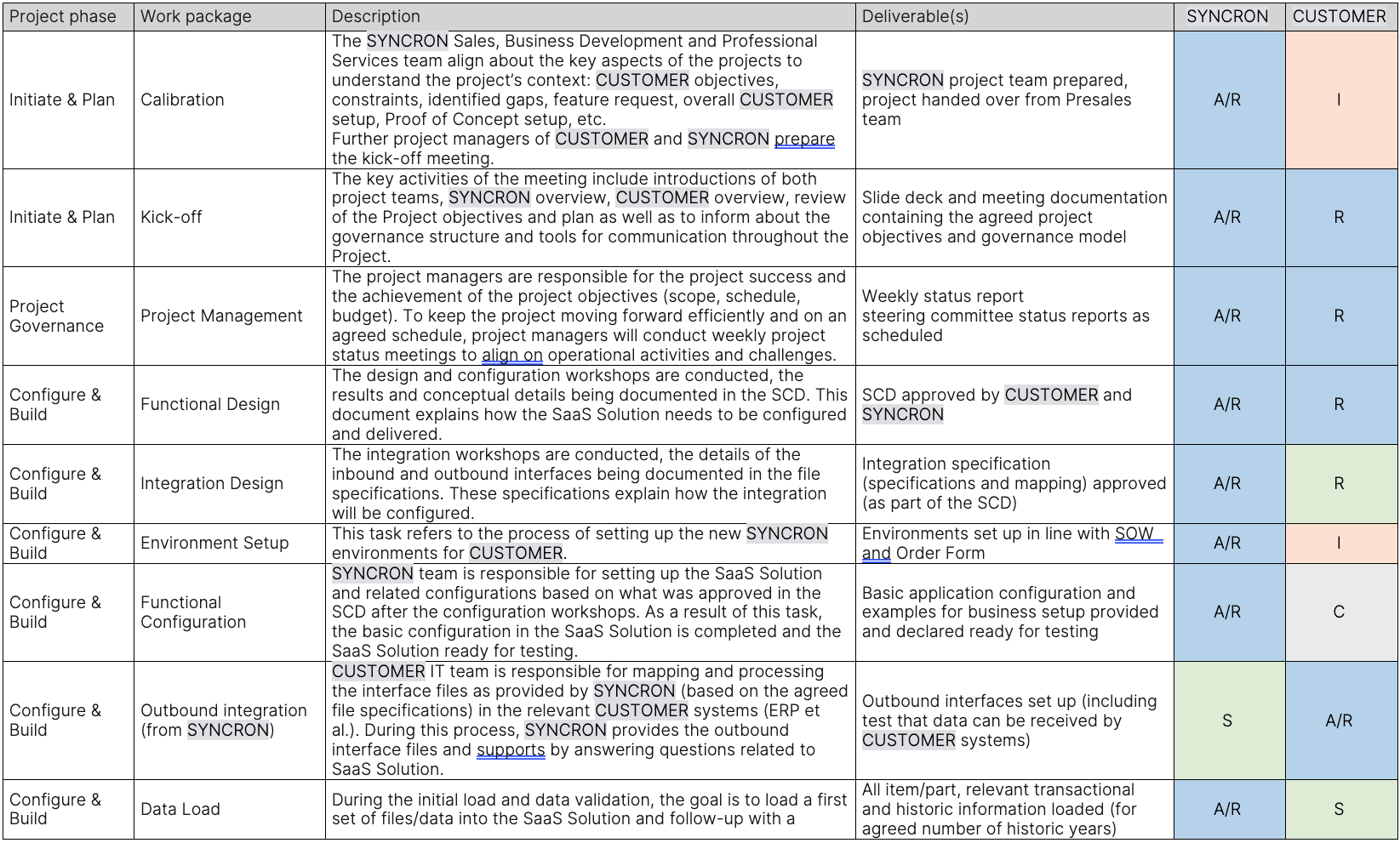 Implementation roles and responsibilities (RASIC)