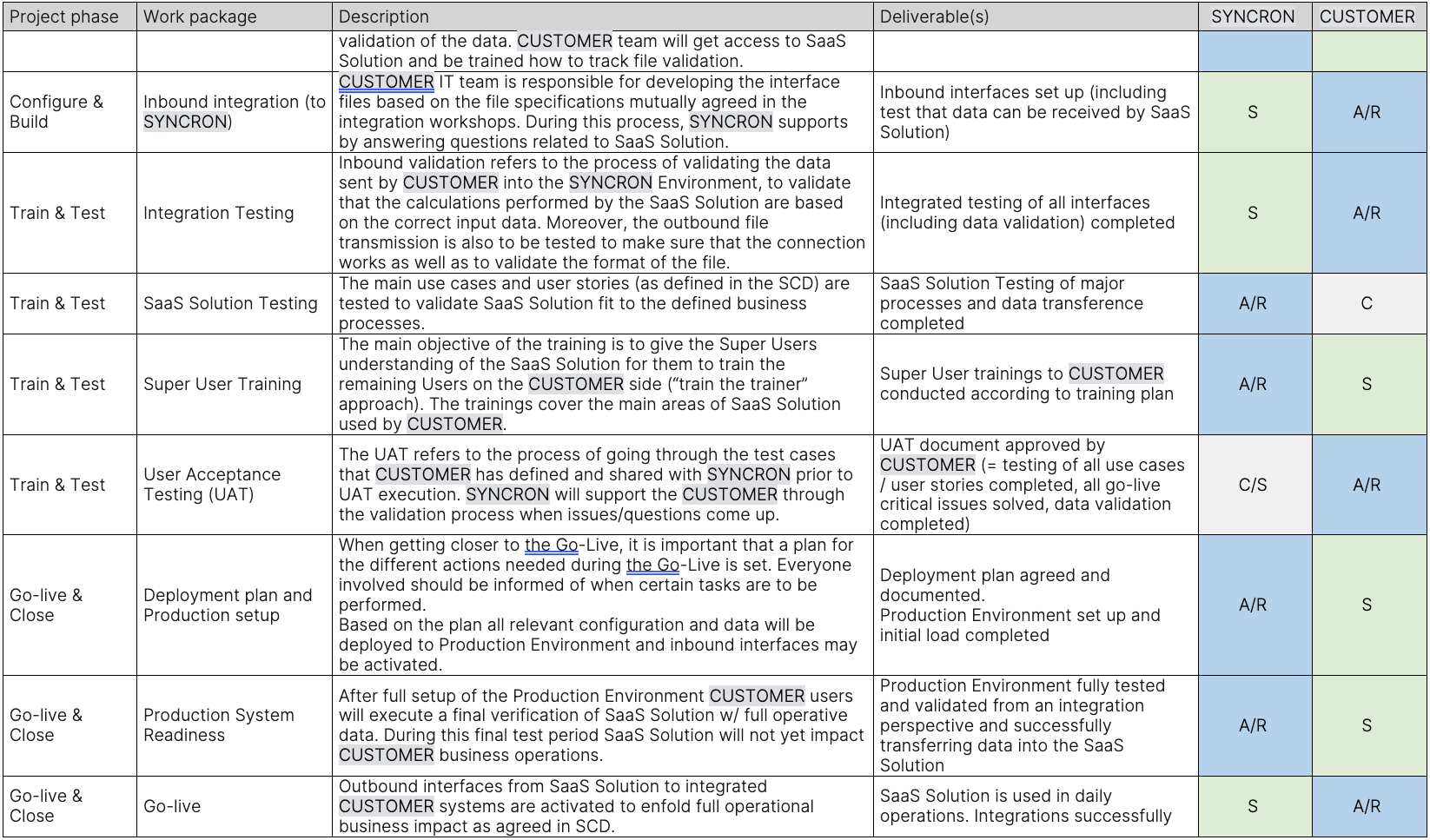 Implementation roles and responsibilities (RASIC)