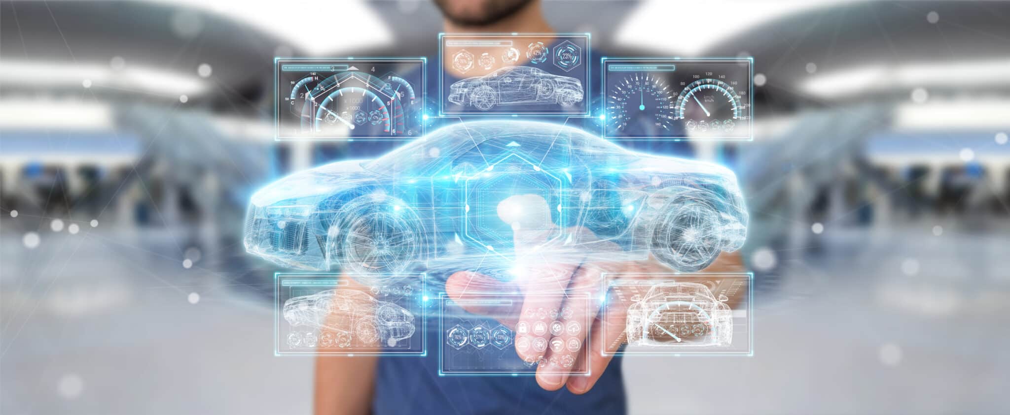 man touching hologram of a car