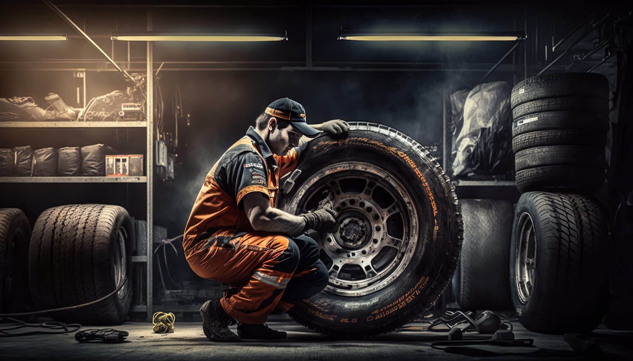 man leaning next to a tire