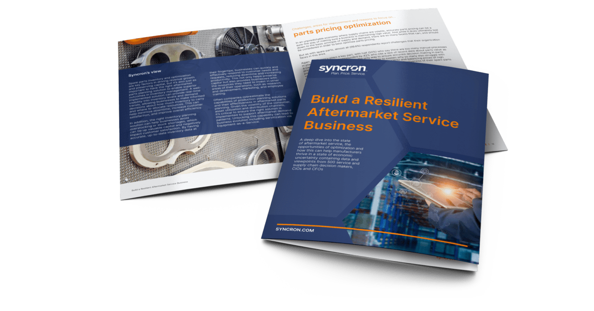 3D mockup of an ebook titled Build a resilient aftermarket service business by Syncron and Vanson Bourne