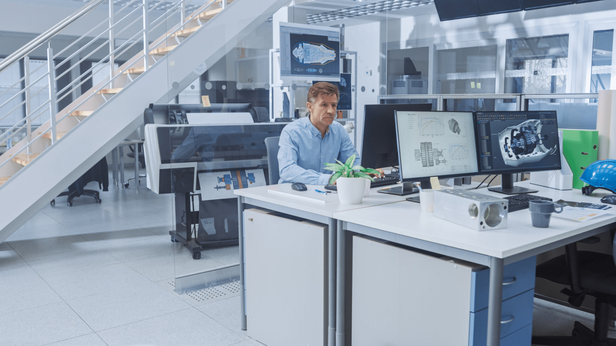 Man working at desk in an office with parts on computer screens