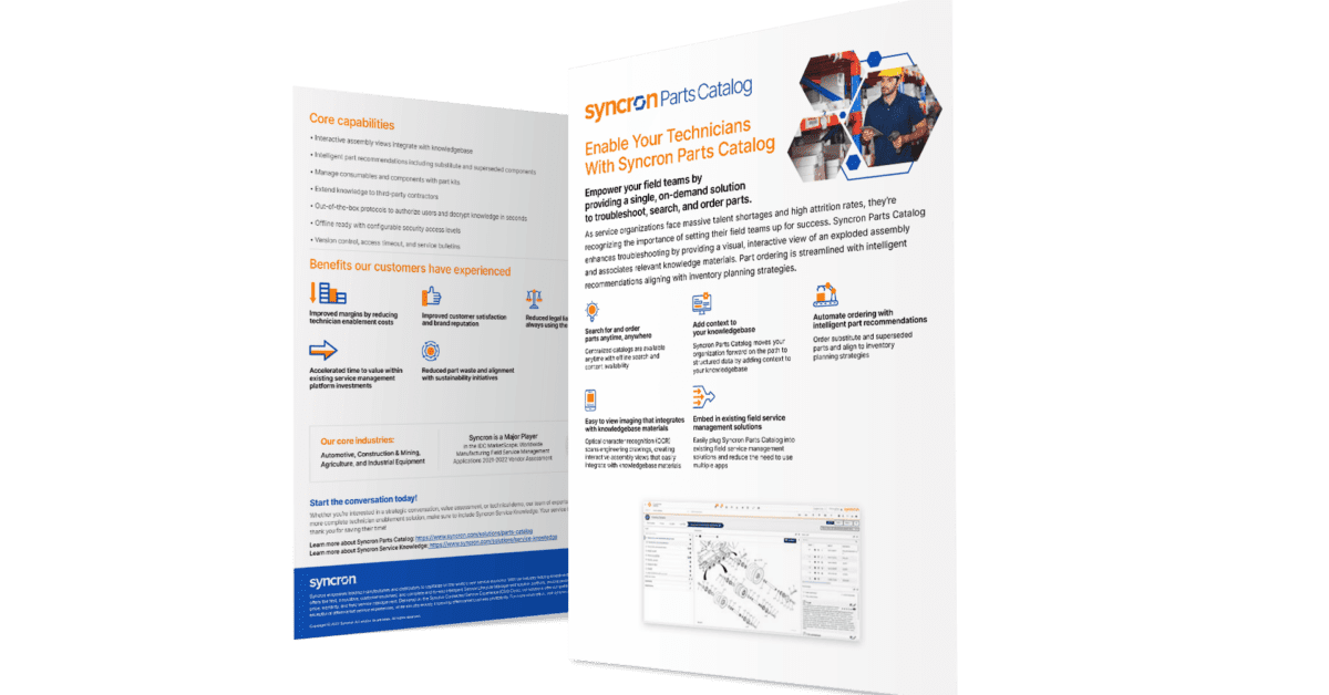 3D mockup of Syncron Parts catalog product sheet in English