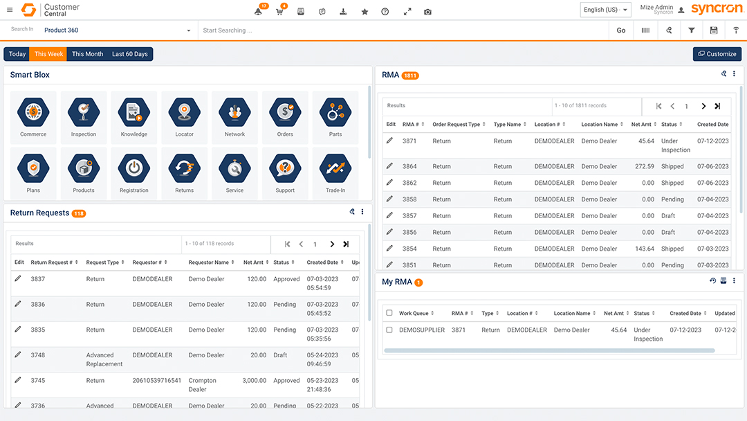 Syncron Field Service RMA dashboard