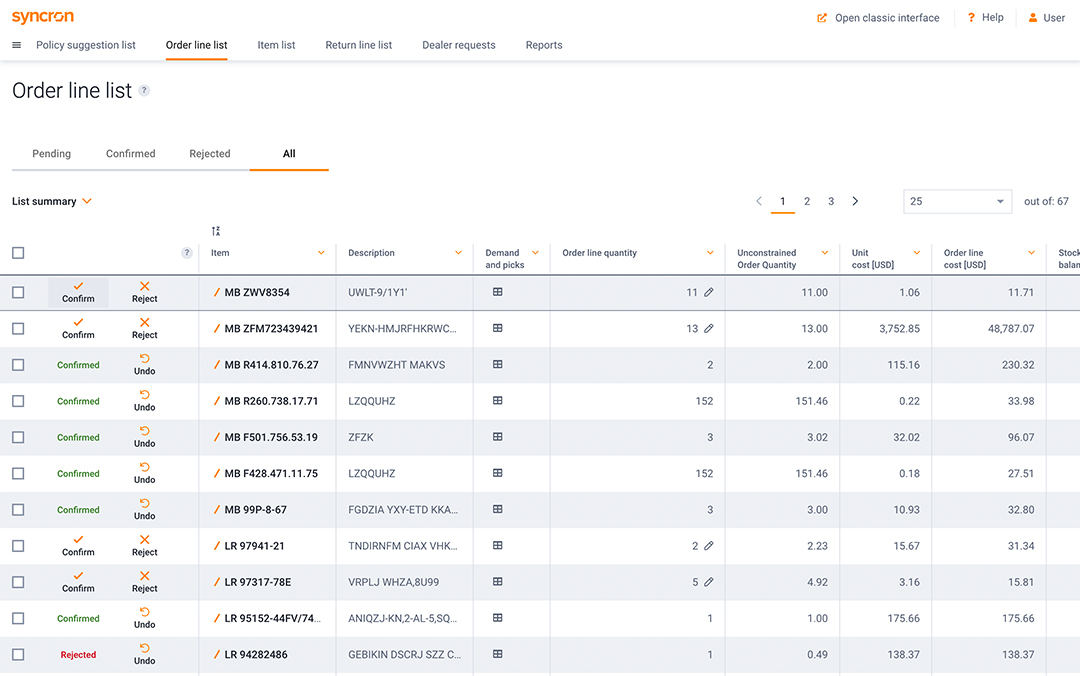 Syncron D2D order line list