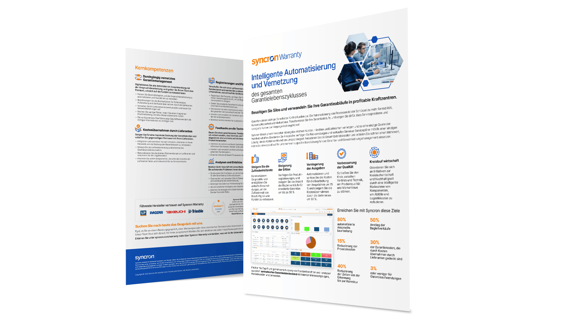 3D mockup of Syncron Warranty product sheet in German