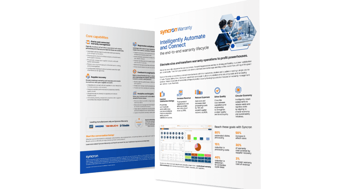 3D mockup of Syncron Warranty product sheet in English