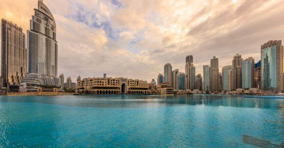 Landscape view in UAE with water and buildings