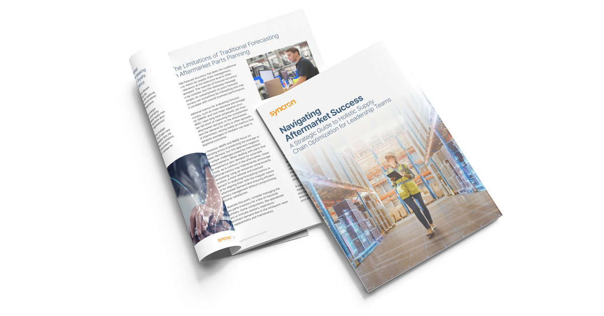 3D mockup of a white paper titled Navigating Aftermarket Success by Syncron