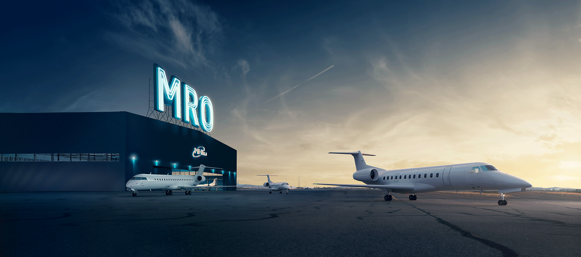 MHI RJ aviation group headquarters, two airplaines in view and one in the background