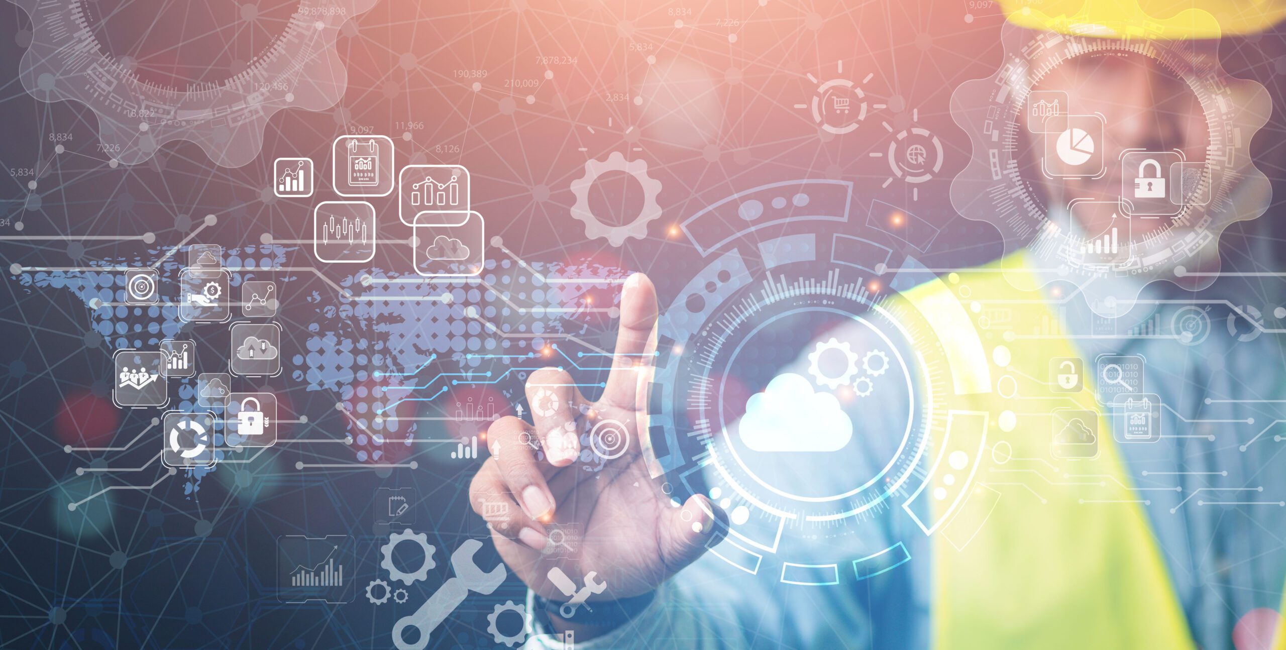 Man with hardhat and bright vest pointing at ai symbols