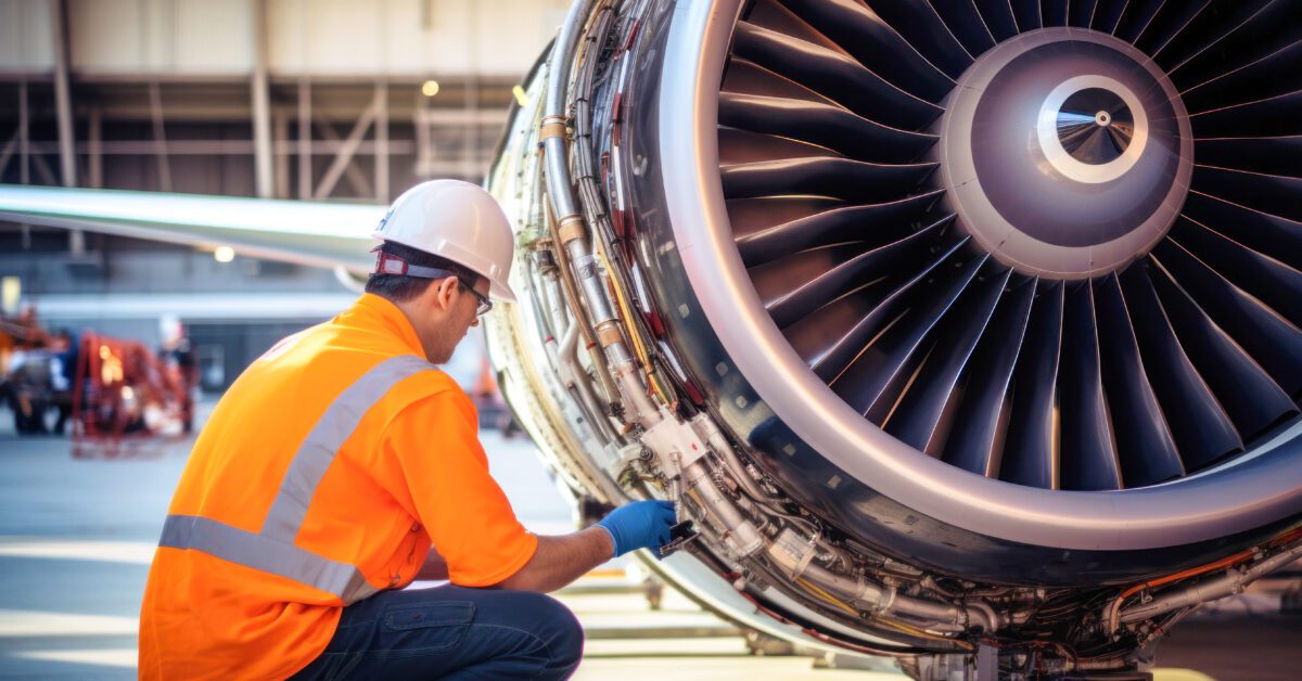 an aircraft technician is repairing a turbine, an engineer is wearing an orange signal vest