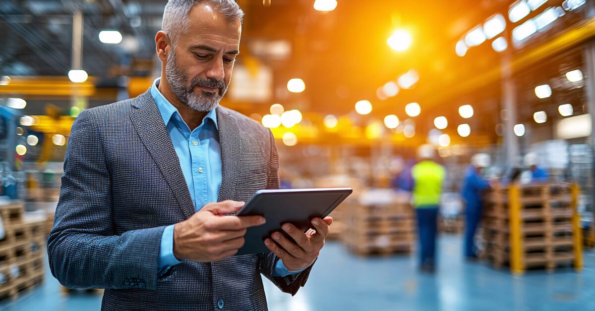 professional man in stylish outfit is reviewing operations on tablet in warehouse setting, showcasing blend of modern technology and industrial environment.
