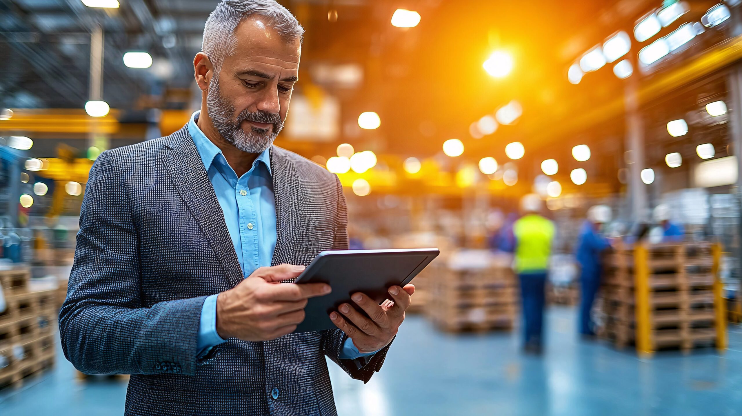 professional man in stylish outfit is reviewing operations on tablet in warehouse setting, showcasing blend of modern technology and industrial environment.