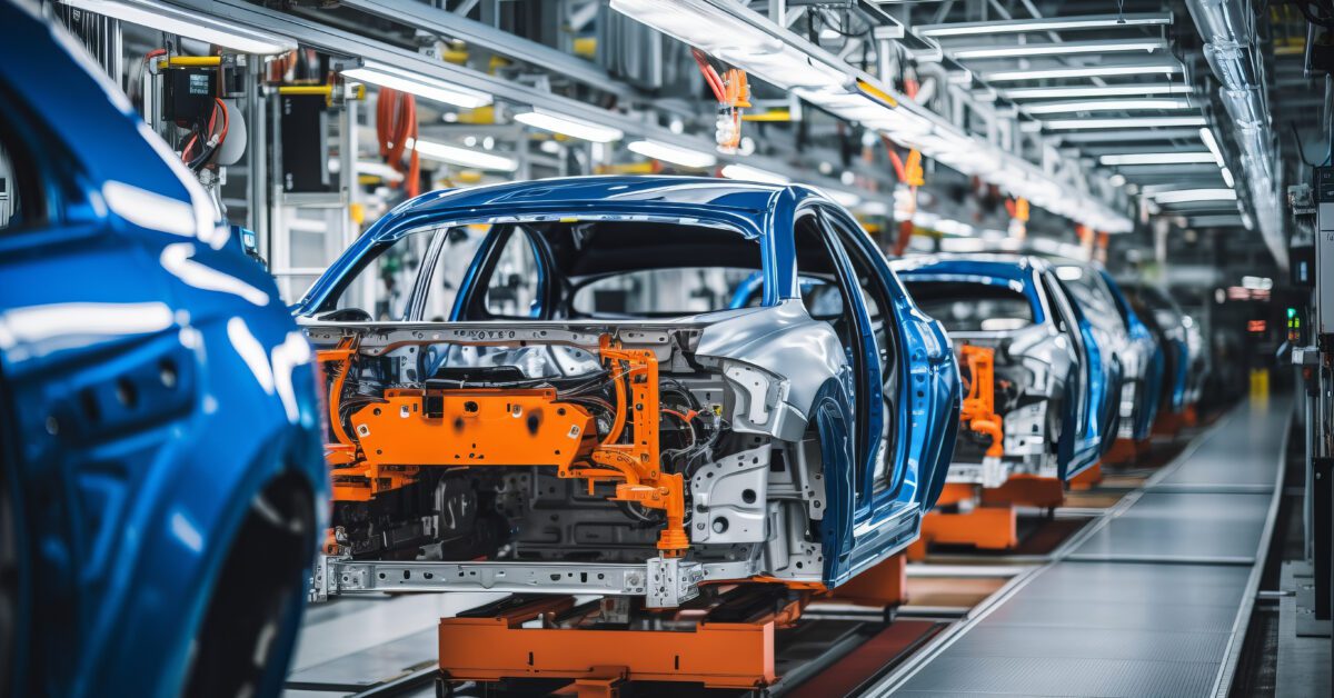 Mass production assembly line of modern cars in a busy factory