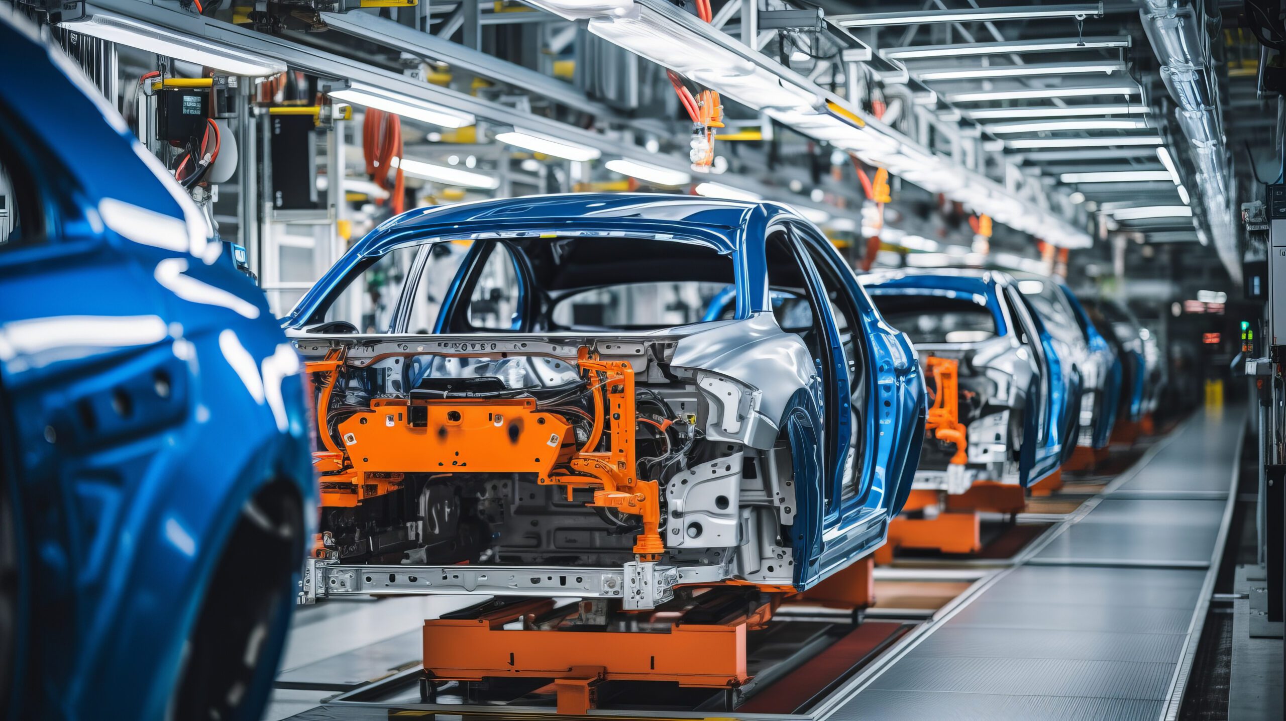 Mass production assembly line of modern cars in a busy factory