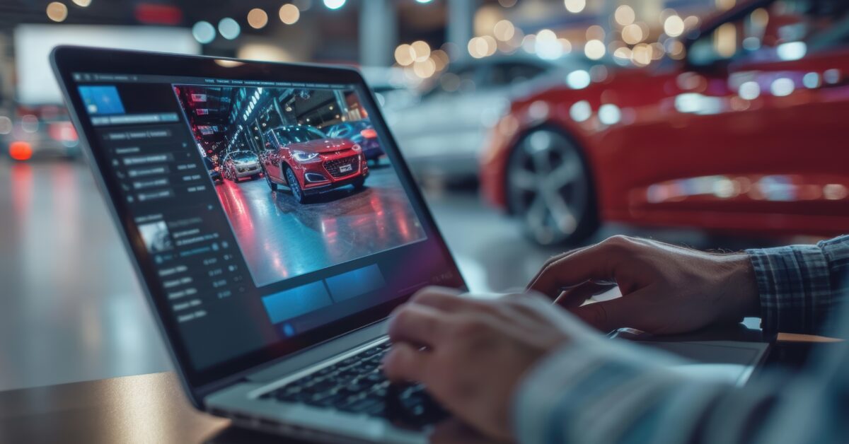 Hands on a laptop keyboard navigating an online car buying tool. vehicle images and financing options displayed on the screen emphasize the ease and efficiency of purchasing cars online.