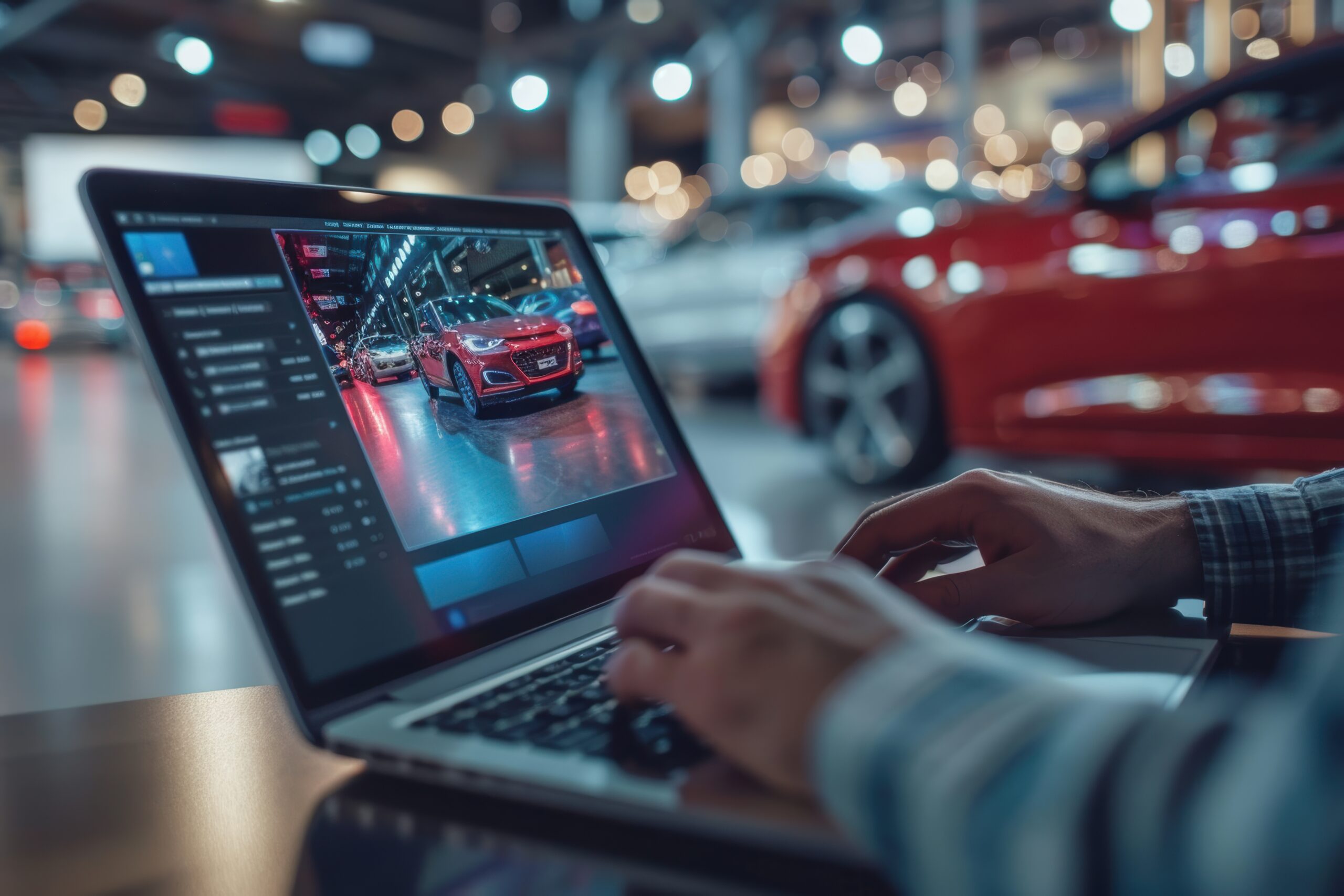 Hands on a laptop keyboard navigating an online car buying tool. vehicle images and financing options displayed on the screen emphasize the ease and efficiency of purchasing cars online.
