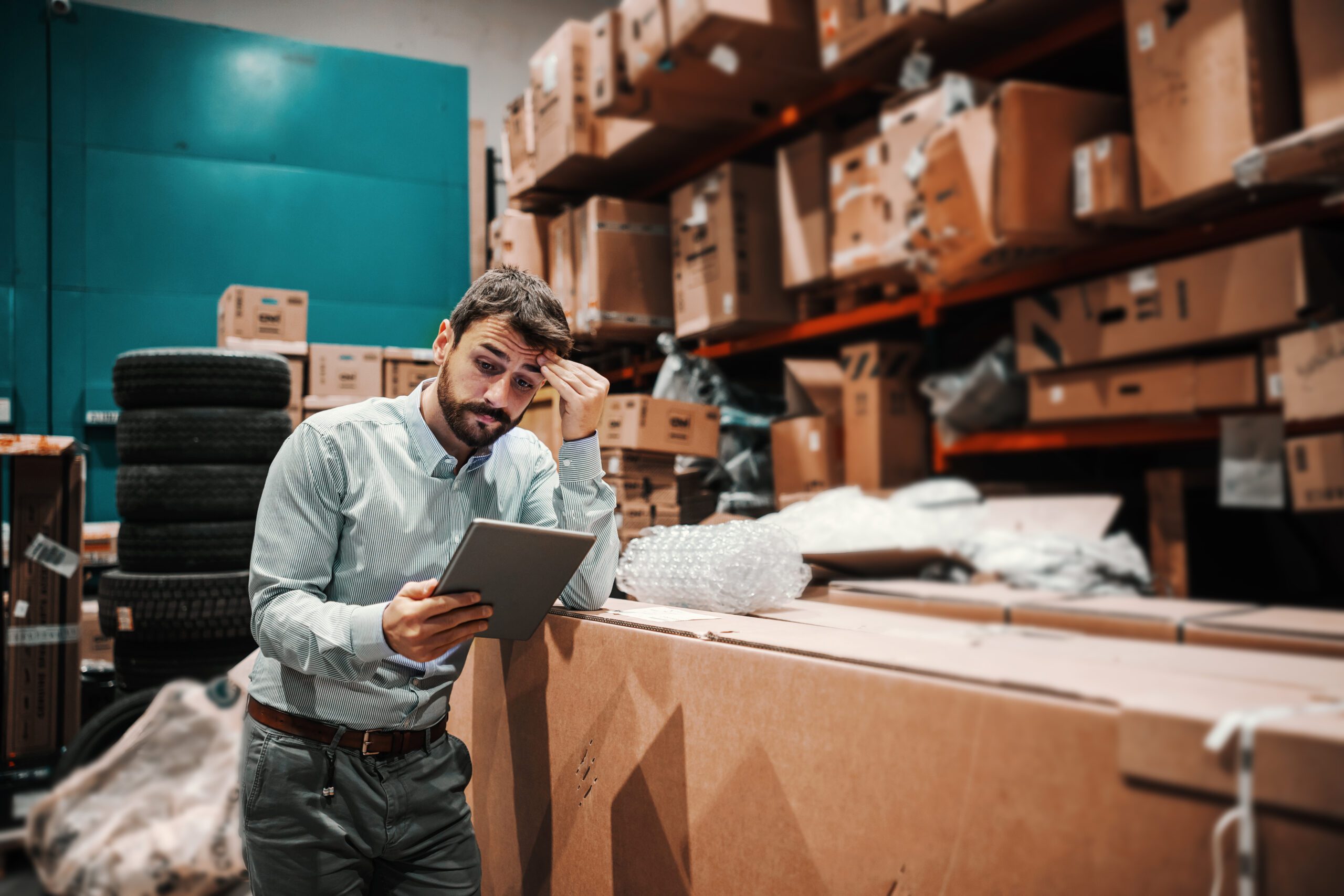 Hardworking businessman leaning on boxes in storage of shipping firm and checking on goods ready for shipment.